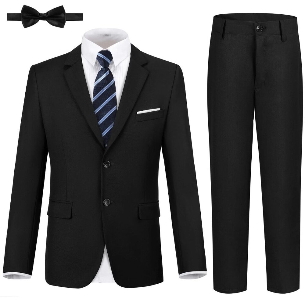 Boys Black 5 piece suit- Jacket, pants, shirt tie and bowtie sz 14